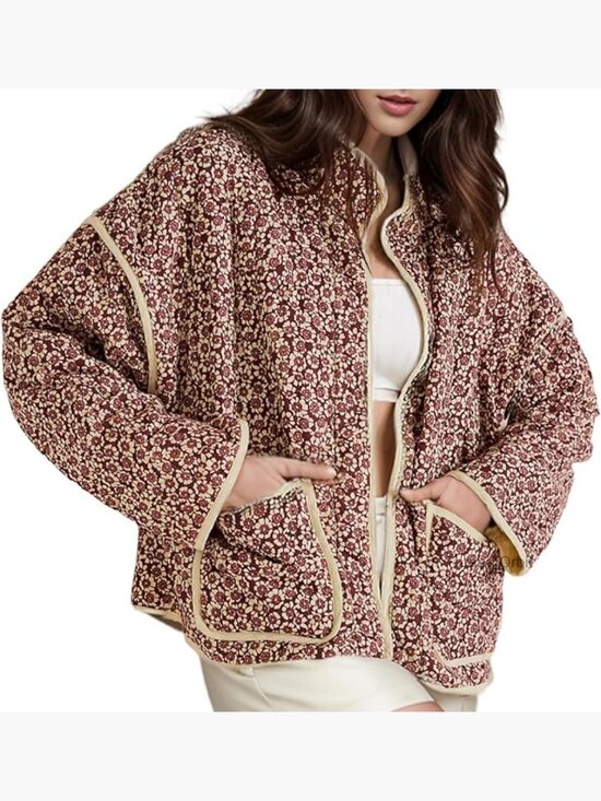 Jackets & Blazers - Cropped Puffer Quilted Jacket Vintage Floral Open Front Lightweight Outerwear